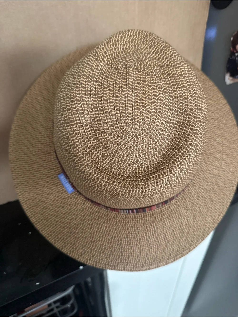Panama Jack Tan Straw Fedora with Red and Brown Striped Band